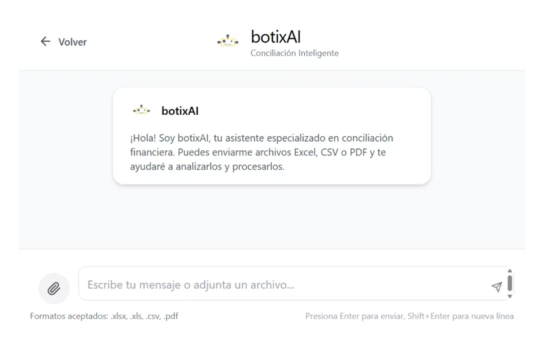 Interfaz de chat de botixAI mostrando conciliación inteligente