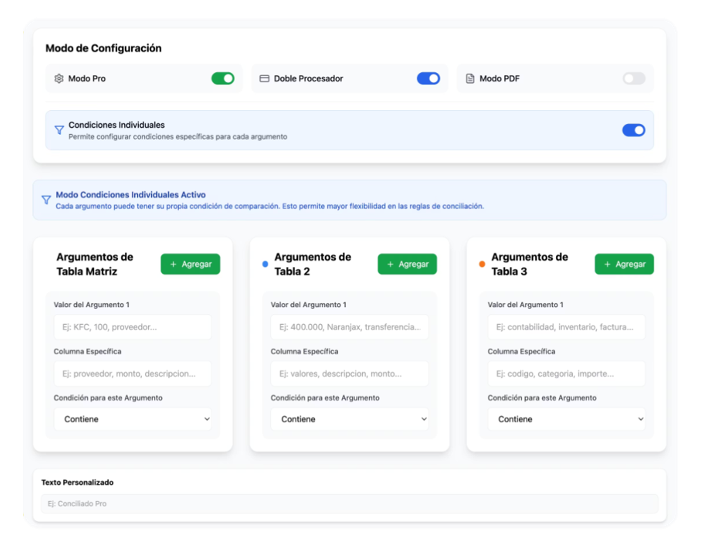 Panel de Configuración botixEngine - Configuración de argumentos y condiciones
