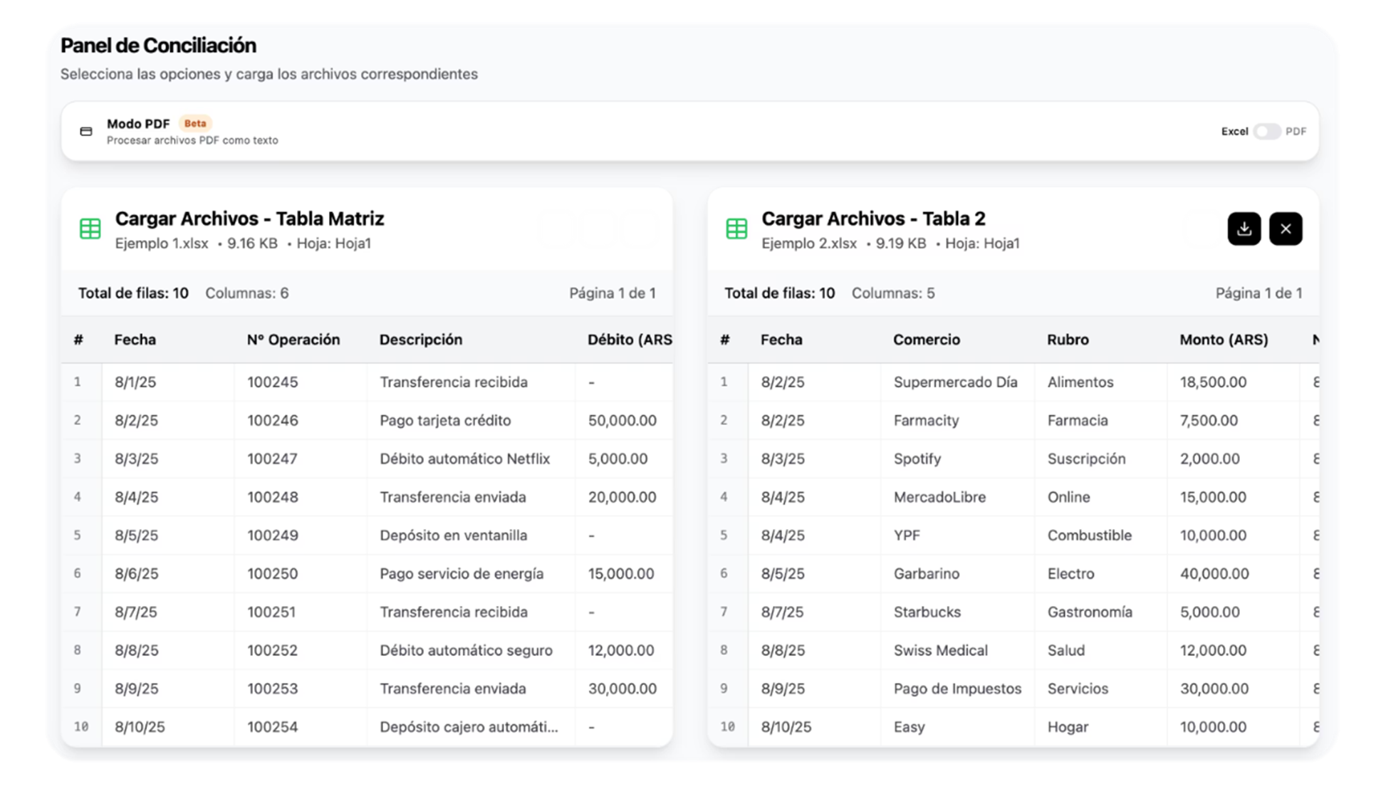 Panel de Conciliación botixEngine - Visualizador de tablas con edición en tiempo real